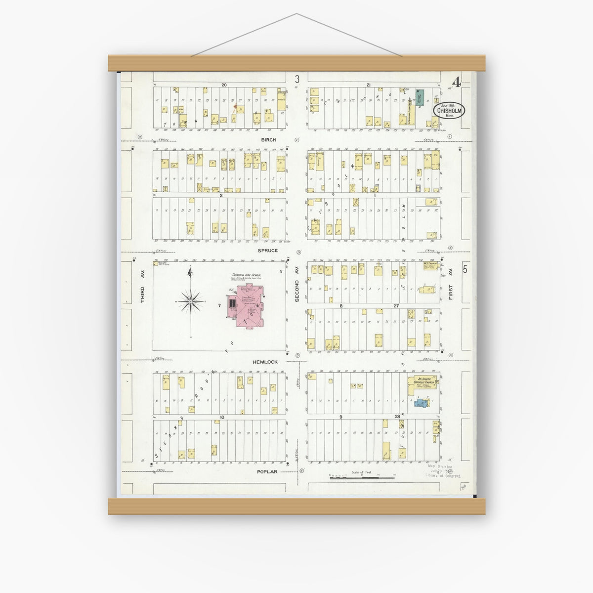 Old map wall art mockup — magnetic wood frame on white wall — Sanborn Fire Insurance Map from Chisholm, Saint Louis County, Minnesota (1909), Sheet #0004