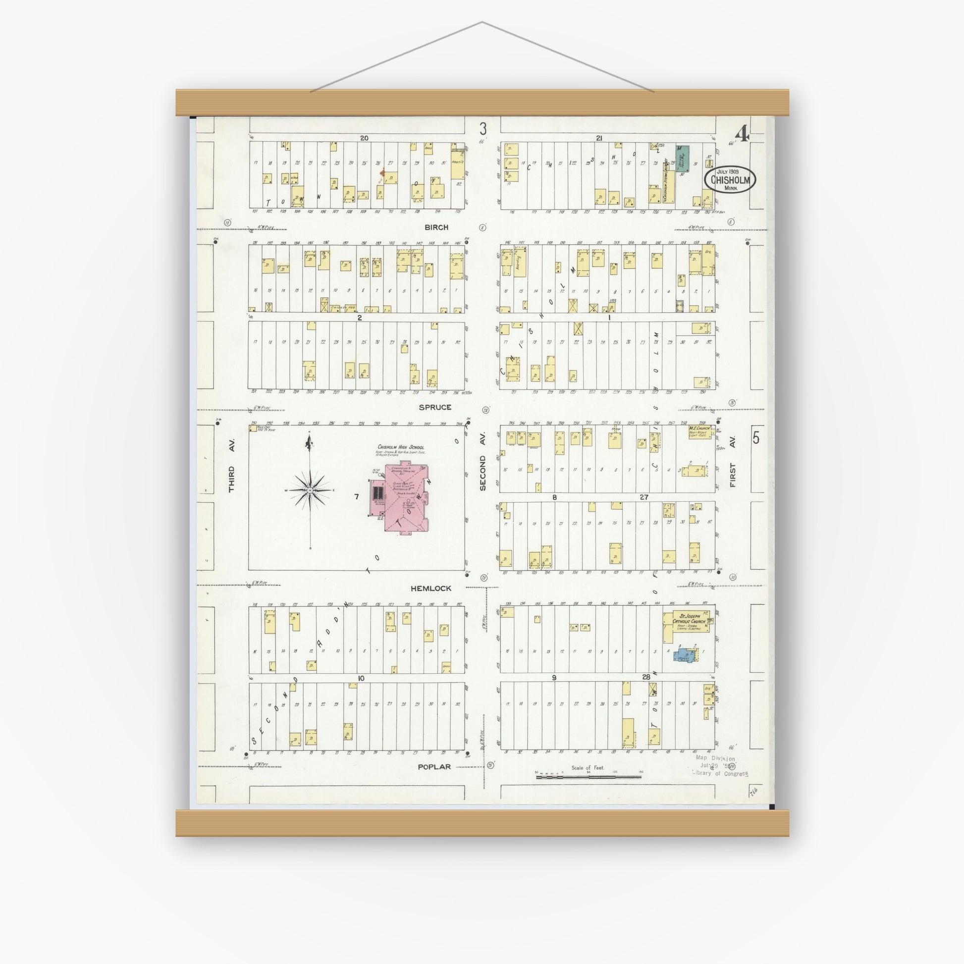 Old map wall art mockup — magnetic wood frame on white wall — Sanborn Fire Insurance Map from Chisholm, Saint Louis County, Minnesota (1909), Sheet #0004