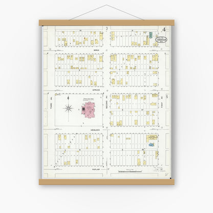 Old map wall art mockup — magnetic wood frame on white wall — Sanborn Fire Insurance Map from Chisholm, Saint Louis County, Minnesota (1909), Sheet #0004