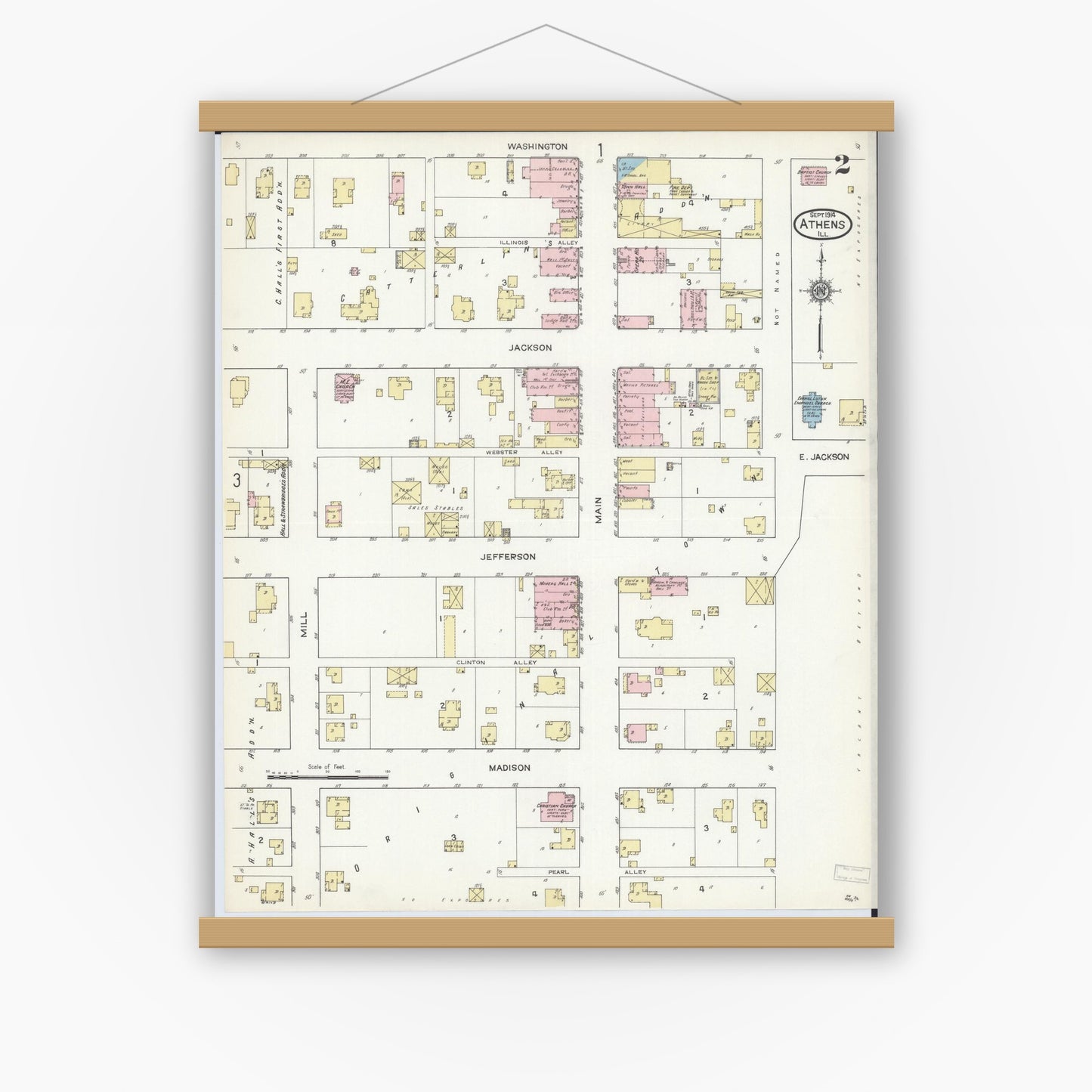 Old map wall art mockup — magnetic wood frame on white wall — Sanborn Fire Insurance Map from Athens, Menard County, Illinois (1914), Sheet #0002