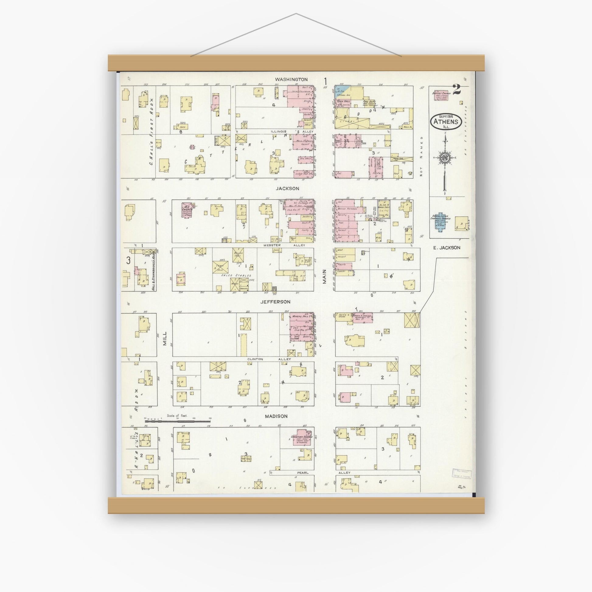 Old map wall art mockup — magnetic wood frame on white wall — Sanborn Fire Insurance Map from Athens, Menard County, Illinois (1914), Sheet #0002