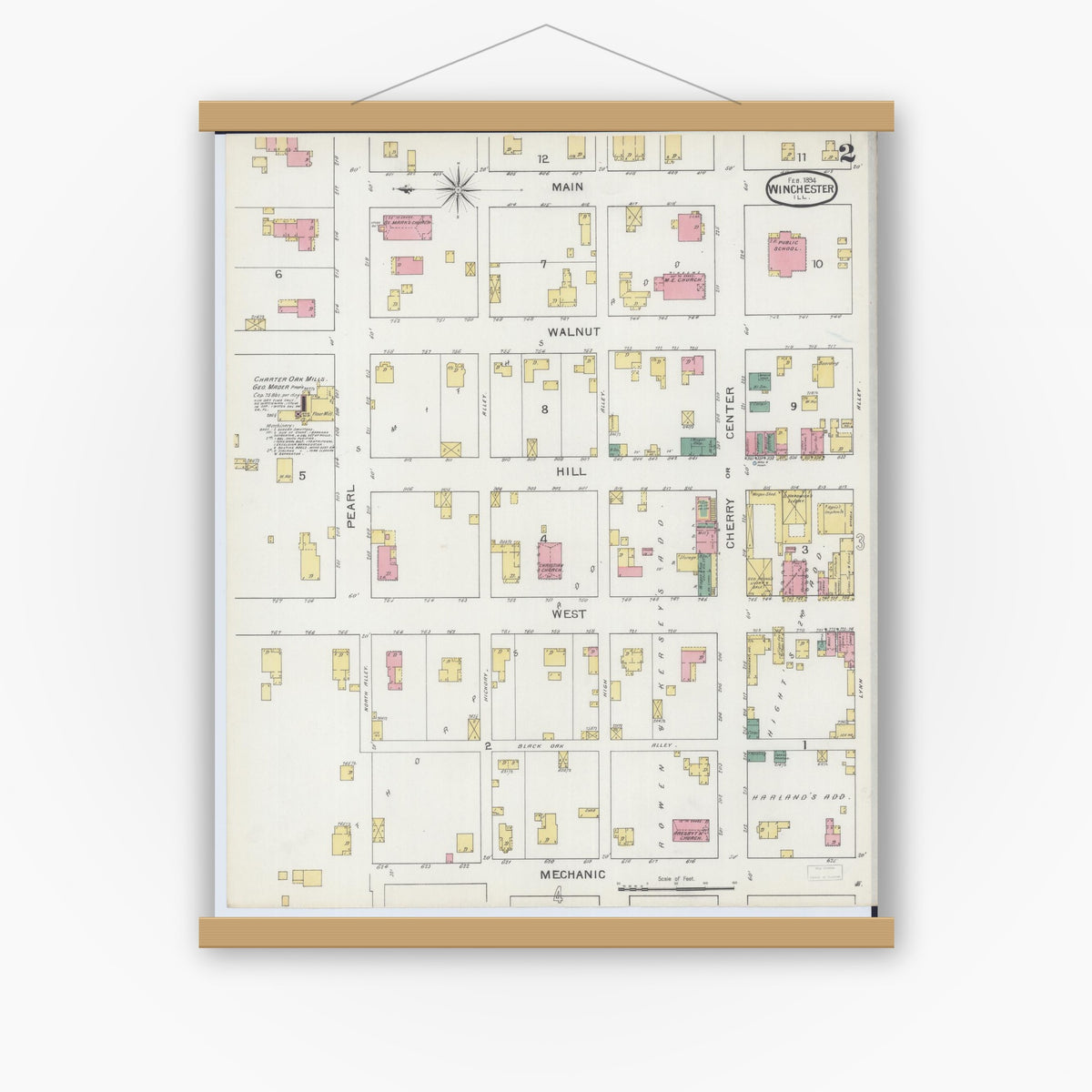 Old map wall art mockup — magnetic wood frame on white wall — Sanborn Fire Insurance Map from Winchester, Scott County, Illinois (1894), Sheet #0002