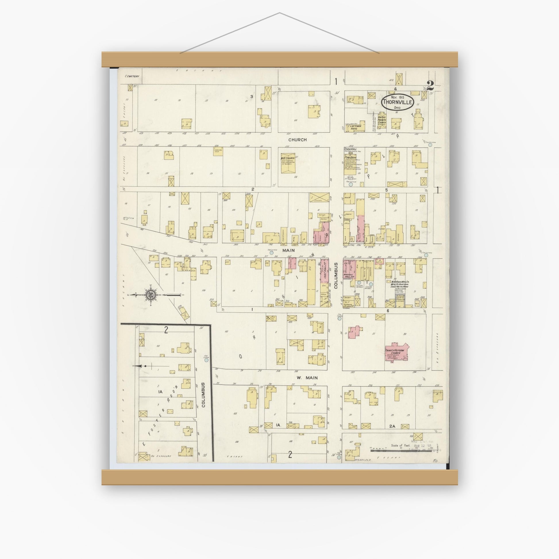 Old map wall art mockup — magnetic wood frame on white wall — Sanborn Fire Insurance Map from Thornville, Perry County, Ohio (1913), Sheet #0002