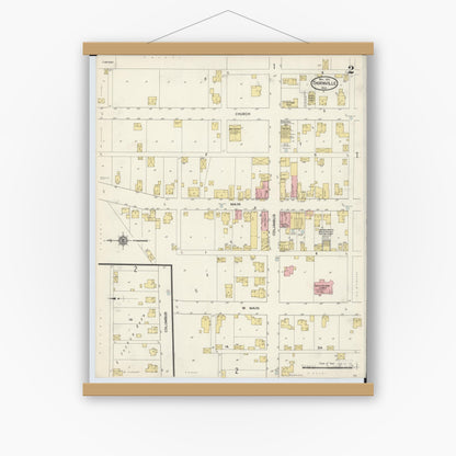 Old map wall art mockup — magnetic wood frame on white wall — Sanborn Fire Insurance Map from Thornville, Perry County, Ohio (1913), Sheet #0002