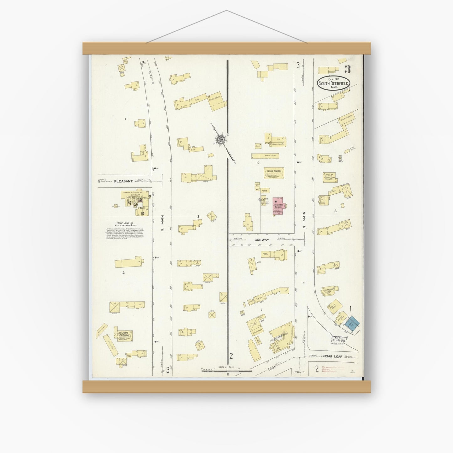 Old map wall art mockup — magnetic wood frame on white wall — Sanborn Fire Insurance Map from South Deerfield, Franklin County, Massachusetts (1912), Sheet #0003
