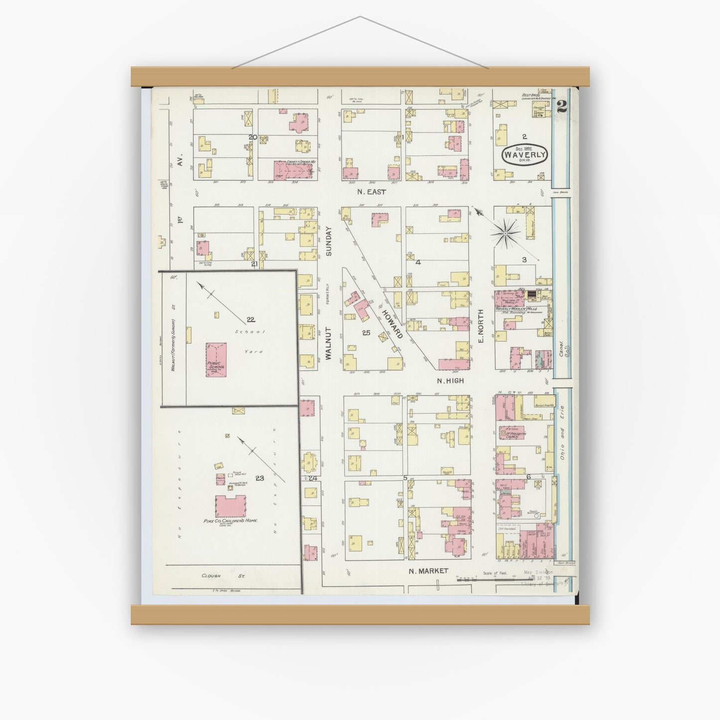 Old map wall art mockup — magnetic wood frame on white wall — Sanborn Fire Insurance Map from Waverly, Pike County, Ohio (1892), Sheet #0002
