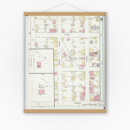 Old map wall art mockup — magnetic wood frame on white wall — Sanborn Fire Insurance Map from Waverly, Pike County, Ohio (1892), Sheet #0002