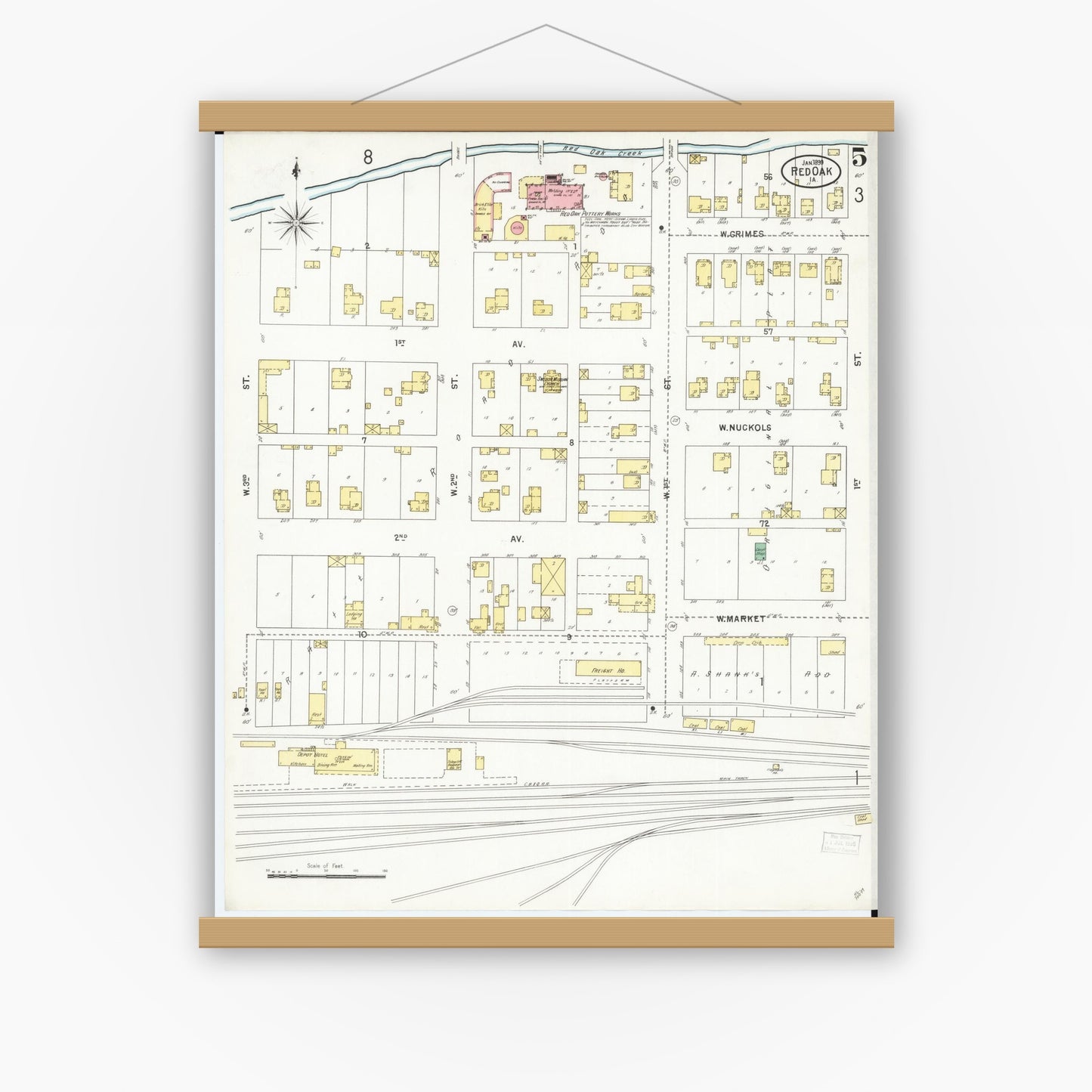 Old map wall art mockup — magnetic wood frame on white wall — Sanborn Fire Insurance Map from Red Oak, Montgomery County, Iowa (1899), Sheet #0005