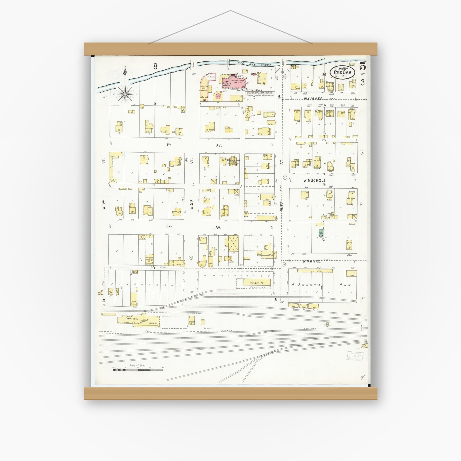 Old map wall art mockup — magnetic wood frame on white wall — Sanborn Fire Insurance Map from Red Oak, Montgomery County, Iowa (1899), Sheet #0005