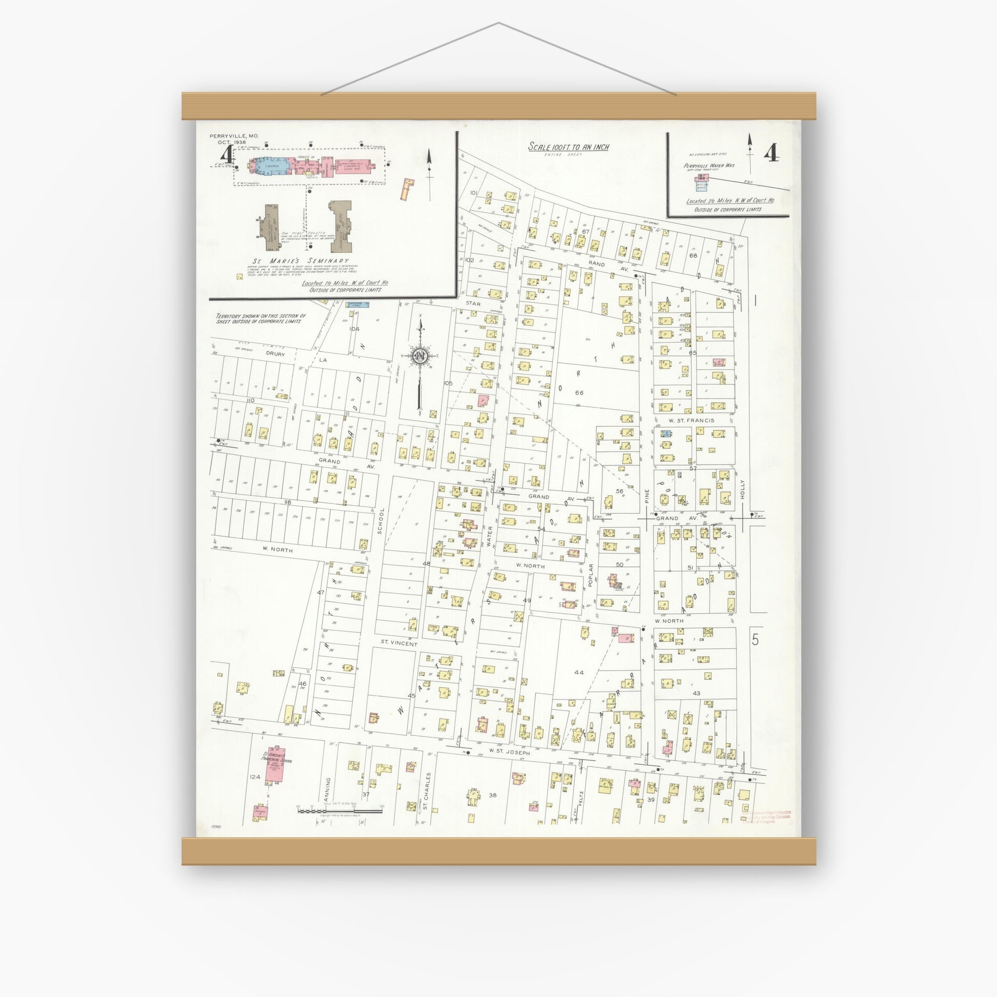 Old map wall art mockup — magnetic wood frame on white wall — Sanborn Fire Insurance Map from Perryville, Perry County, Missouri (1938), Sheet #0004