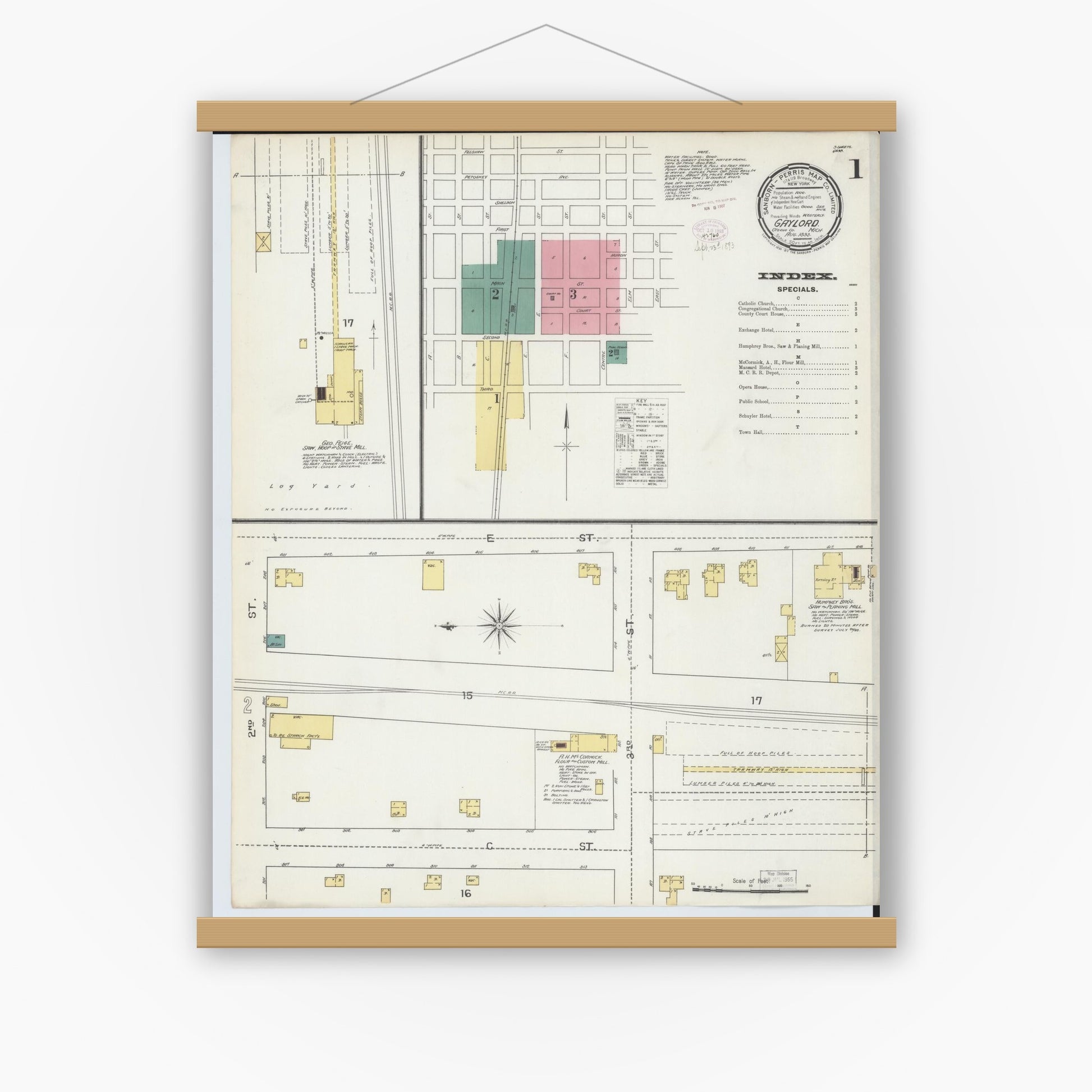 Old map wall art mockup — magnetic wood frame on white wall — Sanborn Fire Insurance Map from Gaylord, Otsego County, Michigan (1893) - Complete Map Set