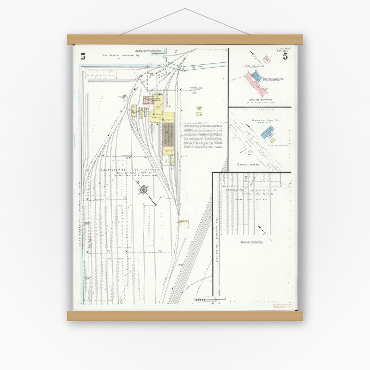 Old map wall art mockup — magnetic wood frame on white wall — Sanborn Fire Insurance Map from L'Anse, Baraga County, Michigan (1938), Sheet #0005