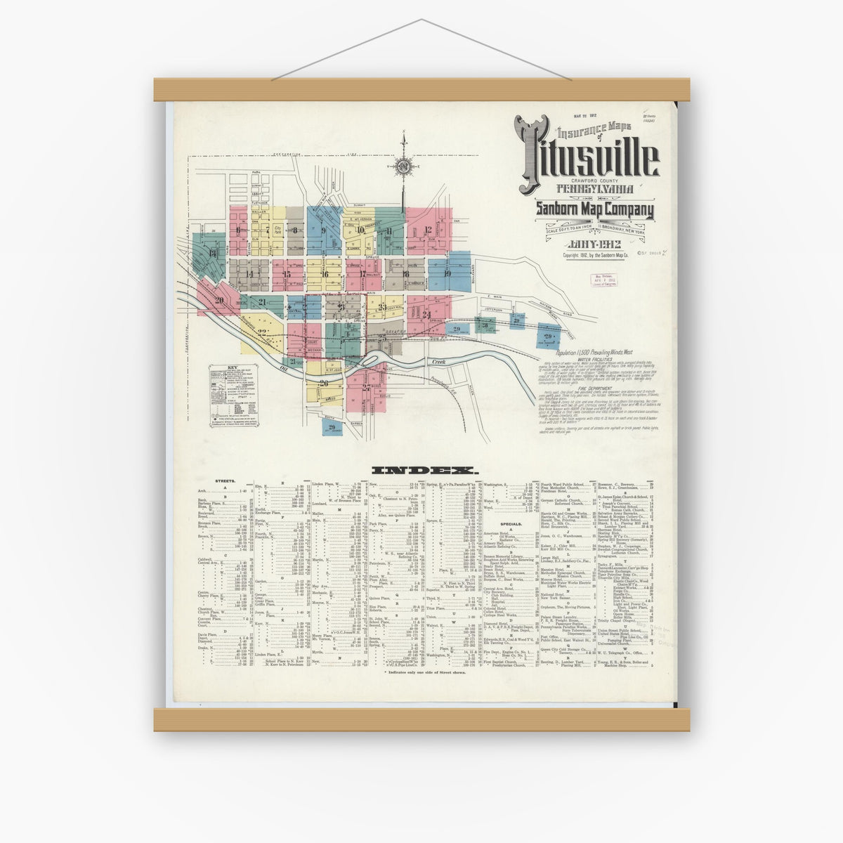 Old map wall art mockup — magnetic wood frame on white wall — Sanborn Fire Insurance Map from Titusville, Crawford County, Pennsylvania (1912), Sheet #0001