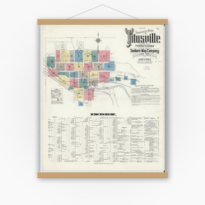 Old map wall art mockup — magnetic wood frame on white wall — Sanborn Fire Insurance Map from Titusville, Crawford County, Pennsylvania (1912), Sheet #0001