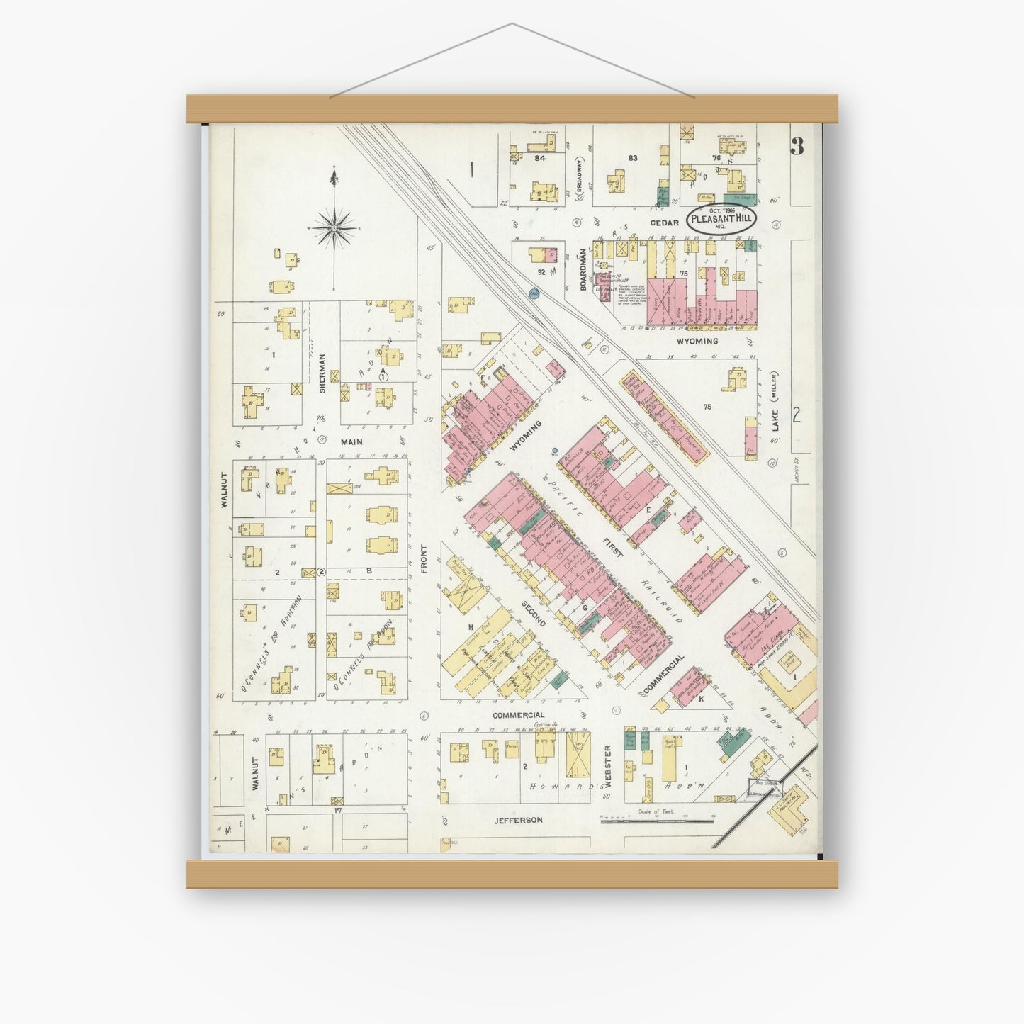 Old map wall art mockup — magnetic wood frame on white wall — Sanborn Fire Insurance Map from Pleasant Hill, Cass County, Missouri (1906), Sheet #0003