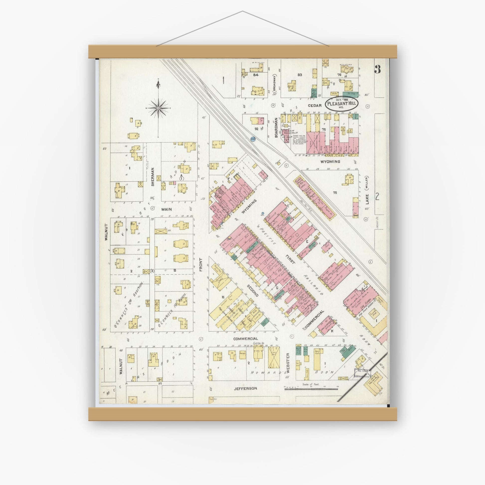 Old map wall art mockup — magnetic wood frame on white wall — Sanborn Fire Insurance Map from Pleasant Hill, Cass County, Missouri (1906), Sheet #0003