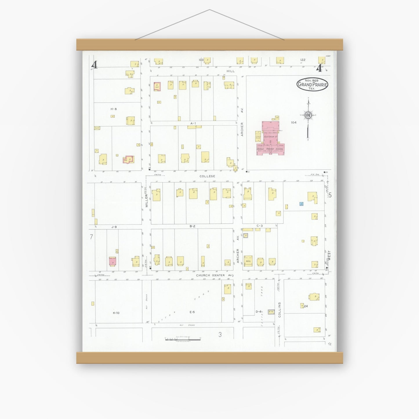 Old map wall art mockup — magnetic wood frame on white wall — Sanborn Fire Insurance Map from Grand Prairie, Dallas County, Texas (1929), Sheet #0004