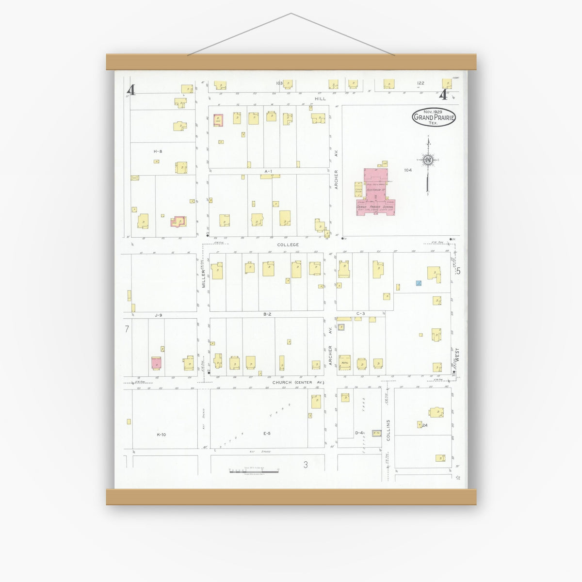Old map wall art mockup — magnetic wood frame on white wall — Sanborn Fire Insurance Map from Grand Prairie, Dallas County, Texas (1929), Sheet #0004