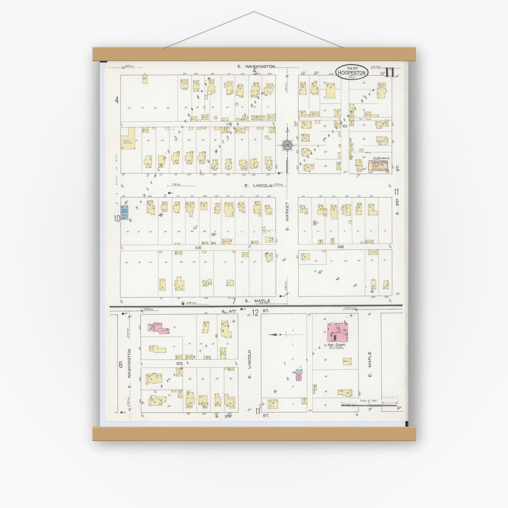 Old map wall art mockup — magnetic wood frame on white wall — Sanborn Fire Insurance Map from Hoopeston, Vermilion County, Illinois (1913), Sheet #0011