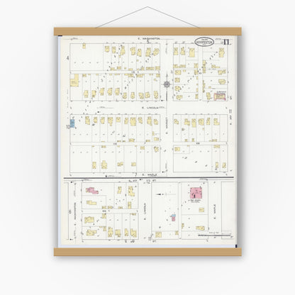 Old map wall art mockup — magnetic wood frame on white wall — Sanborn Fire Insurance Map from Hoopeston, Vermilion County, Illinois (1913), Sheet #0011