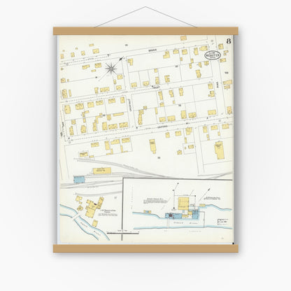 Old map wall art mockup — magnetic wood frame on white wall — Sanborn Fire Insurance Map from Webster, Worcester County, Massachusetts (1904), Sheet #0008
