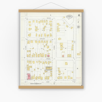 Old map wall art mockup — magnetic wood frame on white wall — Sanborn Fire Insurance Map from Peekskill, Westchester County, New York (1905), Sheet #0008