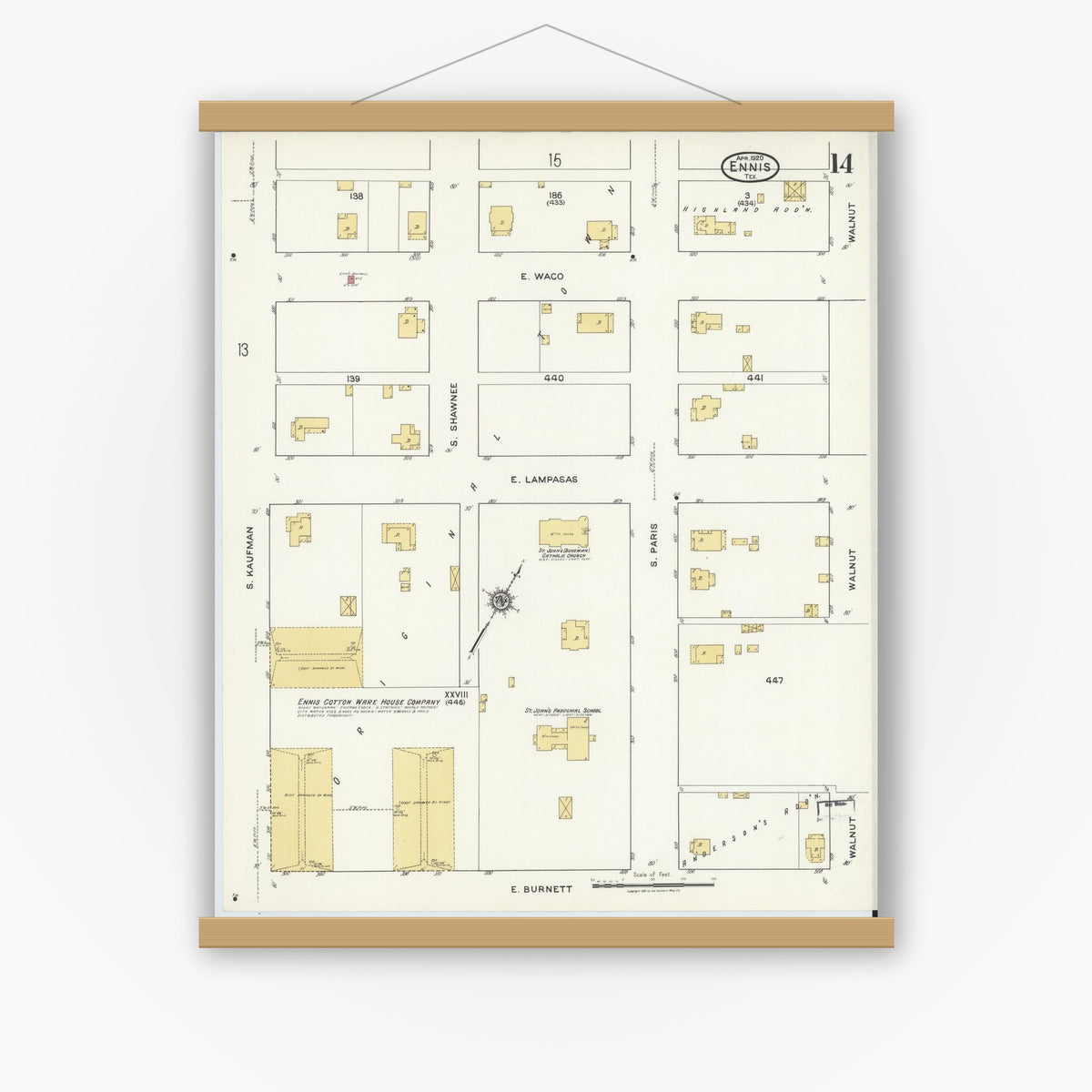 Old map wall art mockup — magnetic wood frame on white wall — Sanborn Fire Insurance Map from Ennis, Ellis County, Texas (1920), Sheet #0014