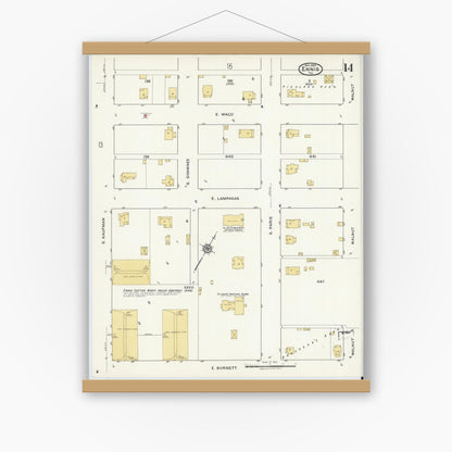 Old map wall art mockup — magnetic wood frame on white wall — Sanborn Fire Insurance Map from Ennis, Ellis County, Texas (1920), Sheet #0014