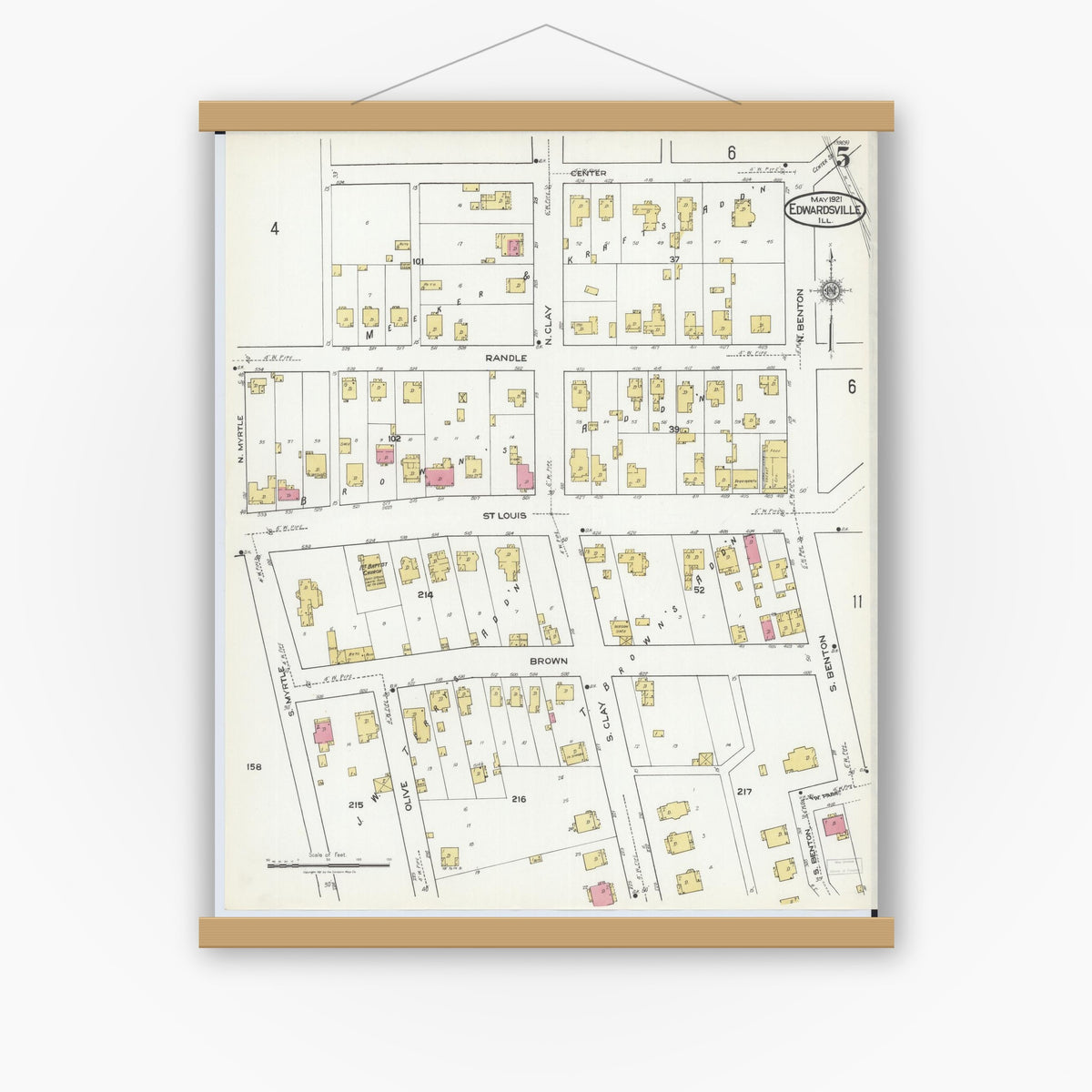 Old map wall art mockup — magnetic wood frame on white wall — Sanborn Fire Insurance Map from Edwardsville, Madison County, Illinois (1921), Sheet #0005