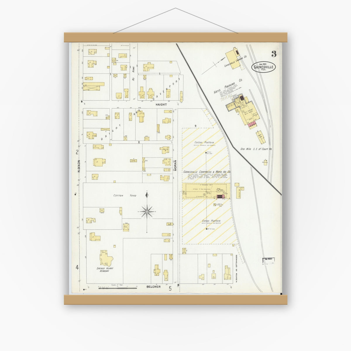 Old map wall art mockup — magnetic wood frame on white wall — Sanborn Fire Insurance Map from Gainesville, Cooke County, Texas (1902), Sheet #0003
