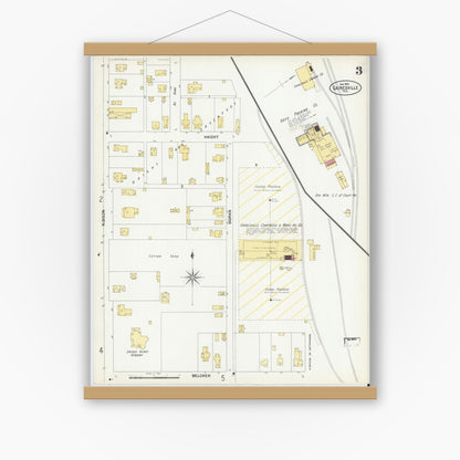 Old map wall art mockup — magnetic wood frame on white wall — Sanborn Fire Insurance Map from Gainesville, Cooke County, Texas (1902), Sheet #0003