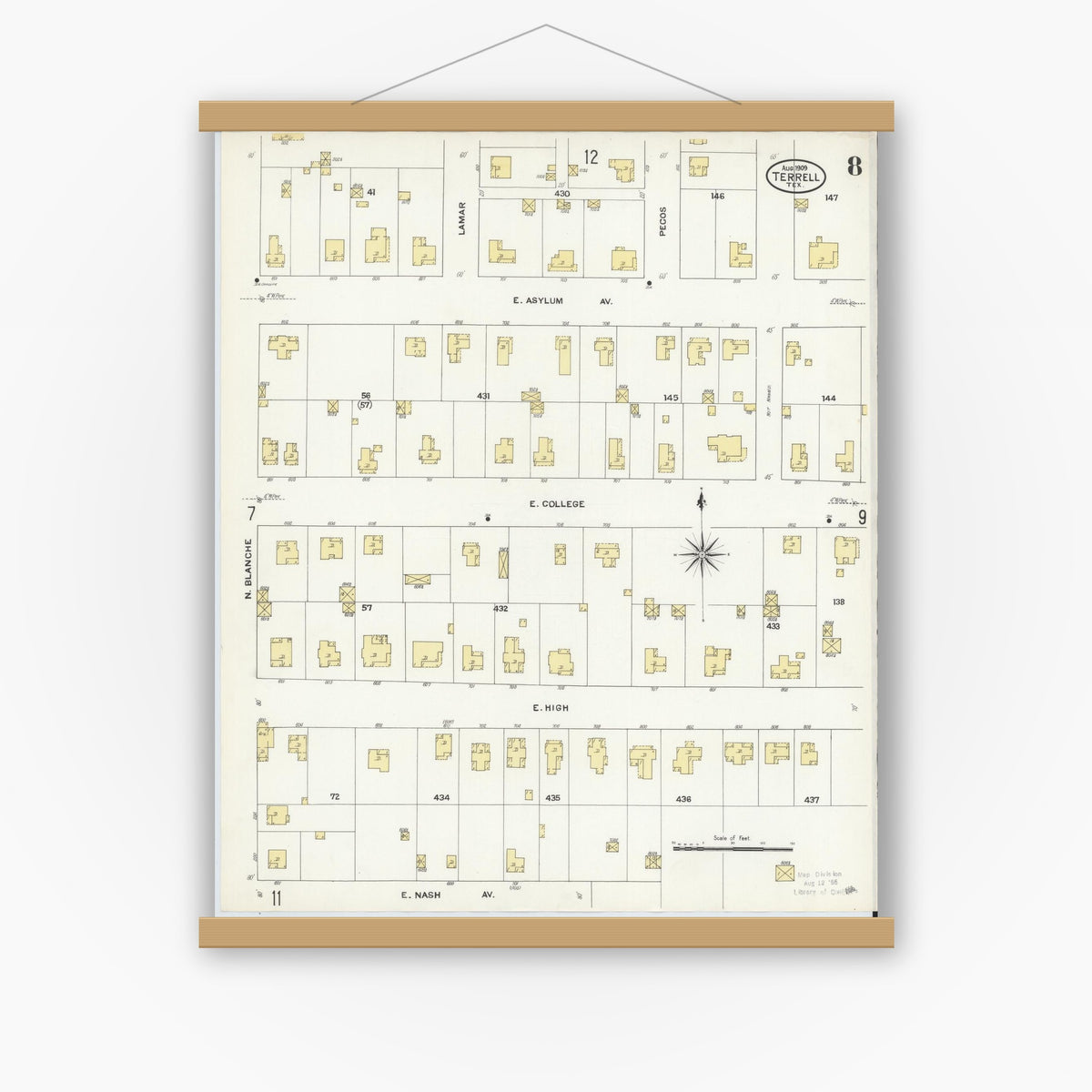 Old map wall art mockup — magnetic wood frame on white wall — Sanborn Fire Insurance Map from Terrell, Kaufman County, Texas (1909), Sheet #0008