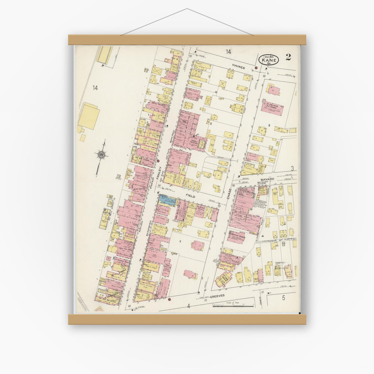 Old map wall art mockup — magnetic wood frame on white wall — Sanborn Fire Insurance Map from Kane, McKean County, Pennsylvania (1915), Sheet #0002