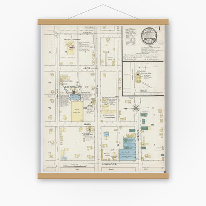 Old map wall art mockup — magnetic wood frame on white wall — Sanborn Fire Insurance Map from Belton, Bell County, Texas (1885), Sheet #0001