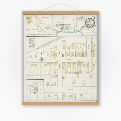 Old map wall art mockup — magnetic wood frame on white wall — Sanborn Fire Insurance Map from White Cloud, Newaygo County, Michigan (1894) - Complete Map Set