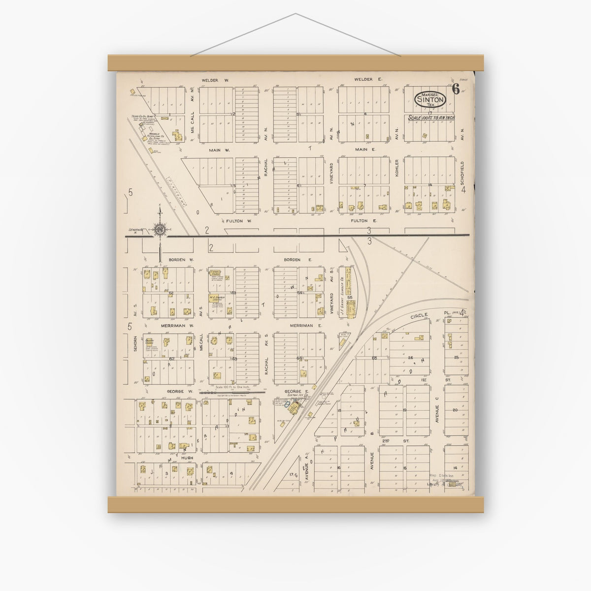 Old map wall art mockup — magnetic wood frame on white wall — Sanborn Fire Insurance Map from Sinton, San Patricio County, Texas (1922), Sheet #0006