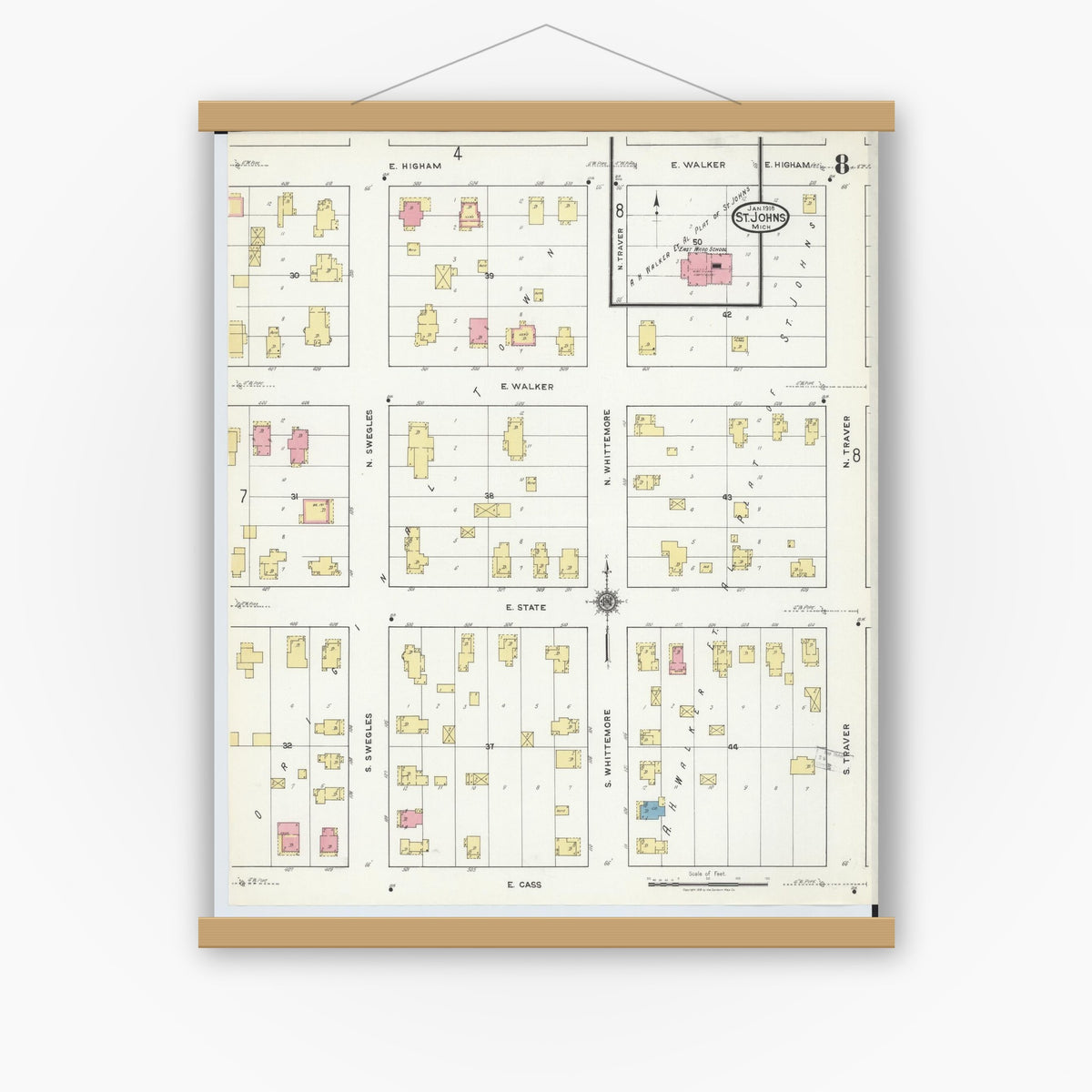 Old map wall art mockup — magnetic wood frame on white wall — Sanborn Fire Insurance Map from Saint Johns, Clinton County, Michigan (1918), Sheet #0008