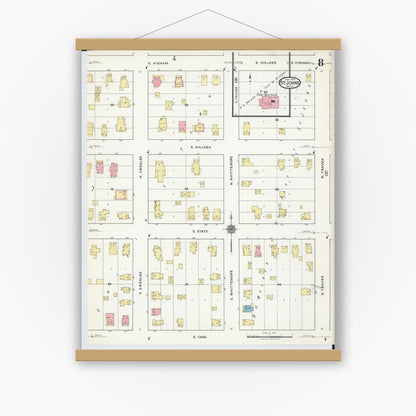 Old map wall art mockup — magnetic wood frame on white wall — Sanborn Fire Insurance Map from Saint Johns, Clinton County, Michigan (1918), Sheet #0008