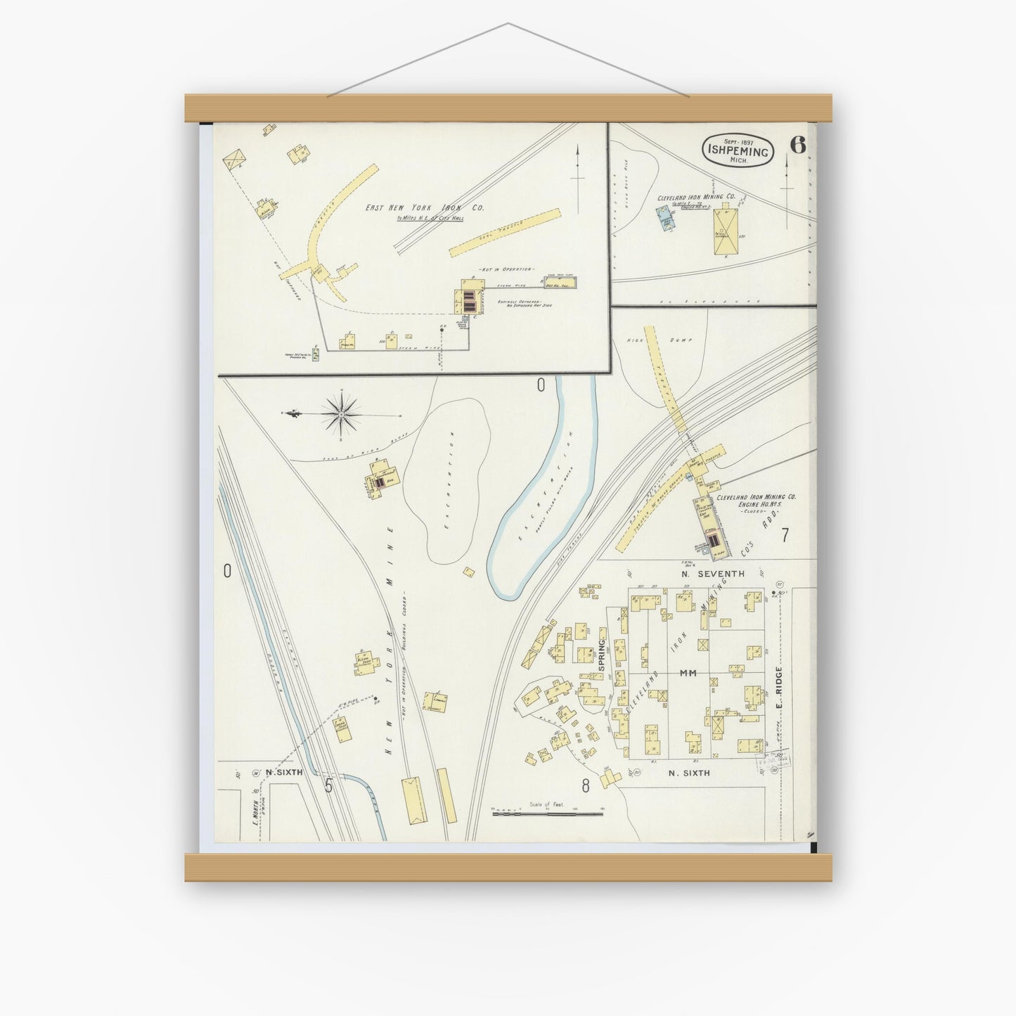 Old map wall art mockup — magnetic wood frame on white wall — Sanborn Fire Insurance Map from Ishpeming, Marquette County, Michigan (1897), Sheet #0006
