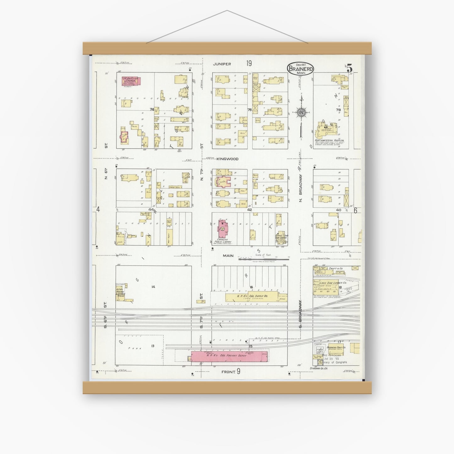 Old map wall art mockup — magnetic wood frame on white wall — Sanborn Fire Insurance Map from Brainerd, Crow Wing County, Minnesota (1917), Sheet #0005