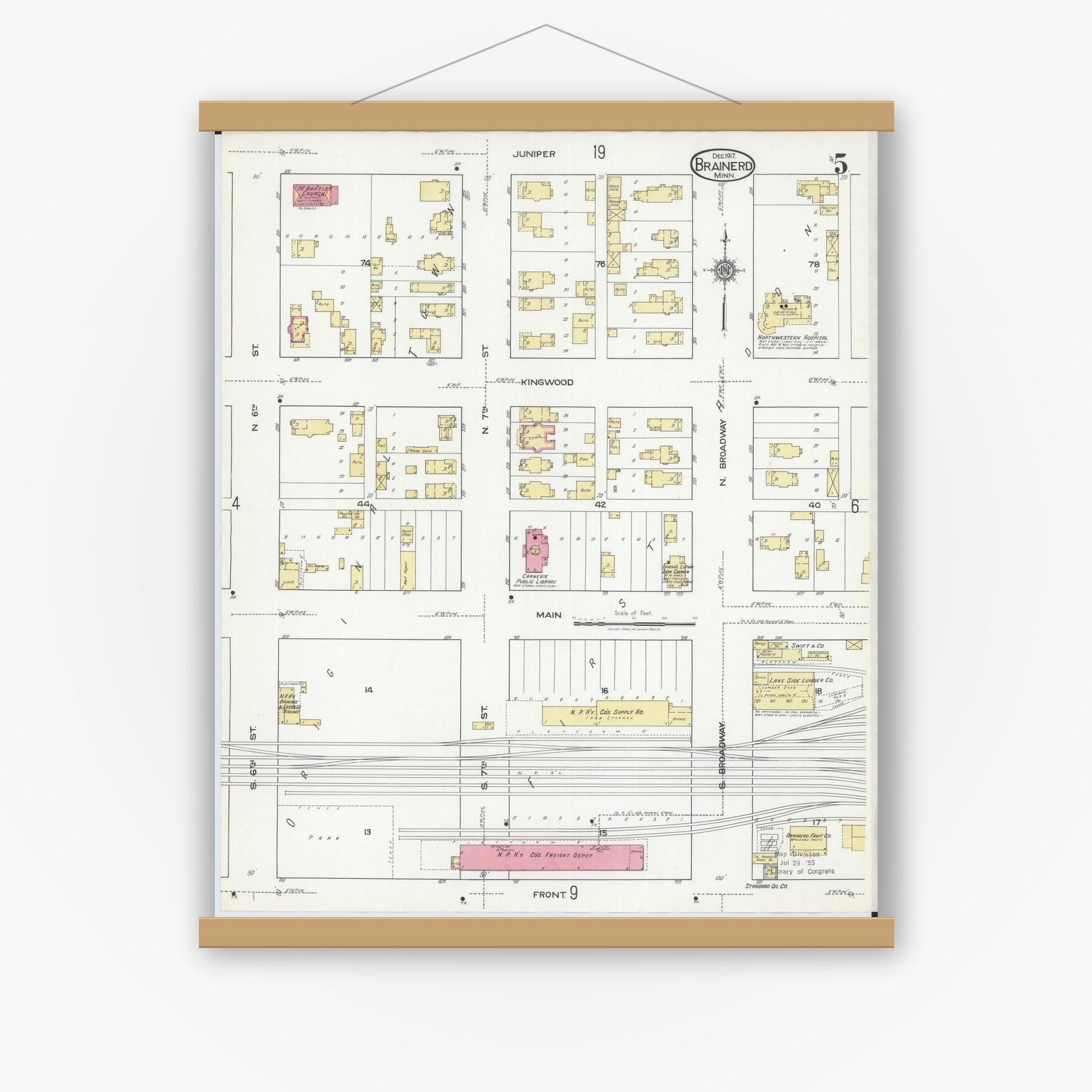 Old map wall art mockup — magnetic wood frame on white wall — Sanborn Fire Insurance Map from Brainerd, Crow Wing County, Minnesota (1917), Sheet #0005