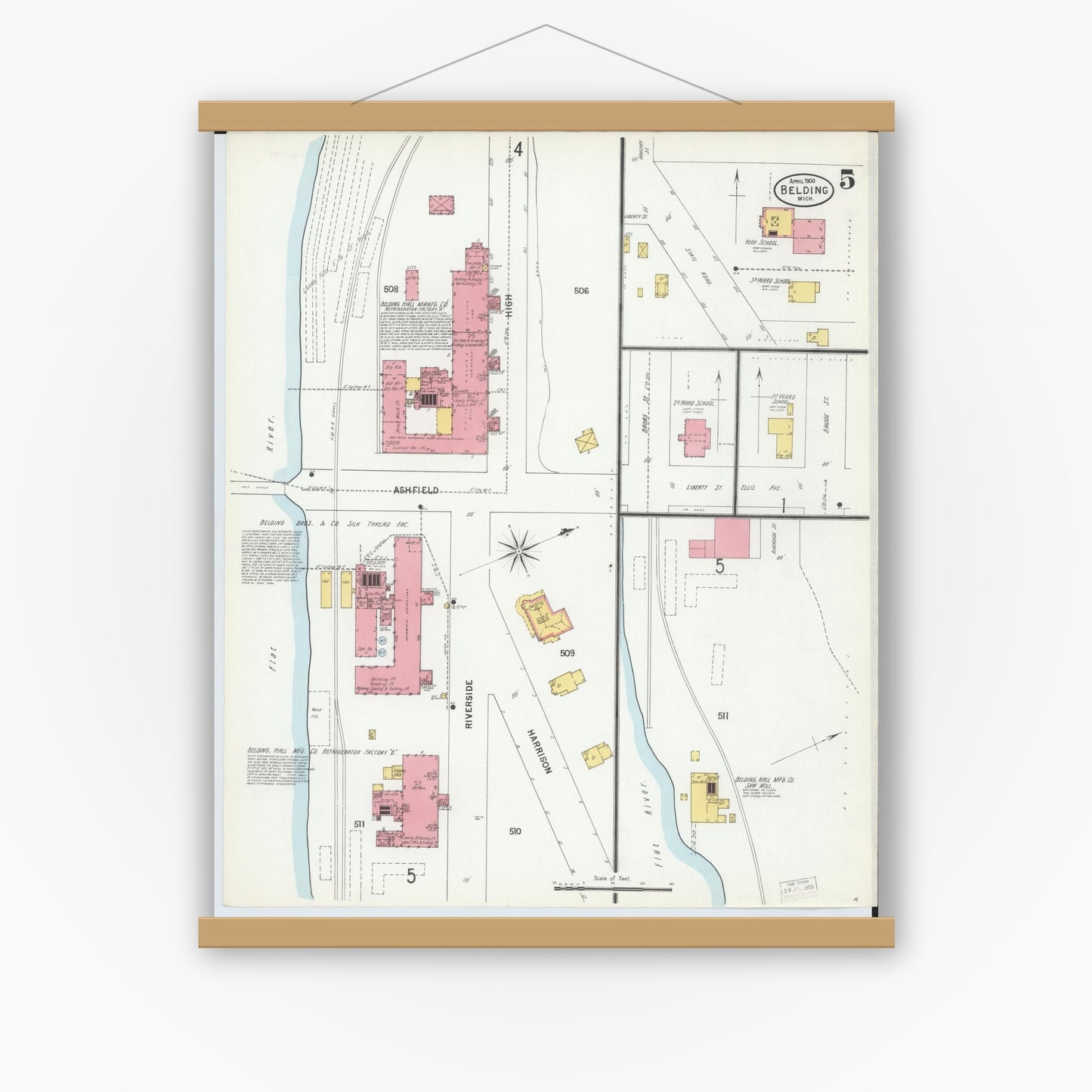 Old map wall art mockup — magnetic wood frame on white wall — Sanborn Fire Insurance Map from Belding, Ionia County, Michigan (1900), Sheet #0005
