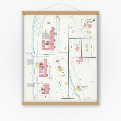 Old map wall art mockup — magnetic wood frame on white wall — Sanborn Fire Insurance Map from Belding, Ionia County, Michigan (1900), Sheet #0005
