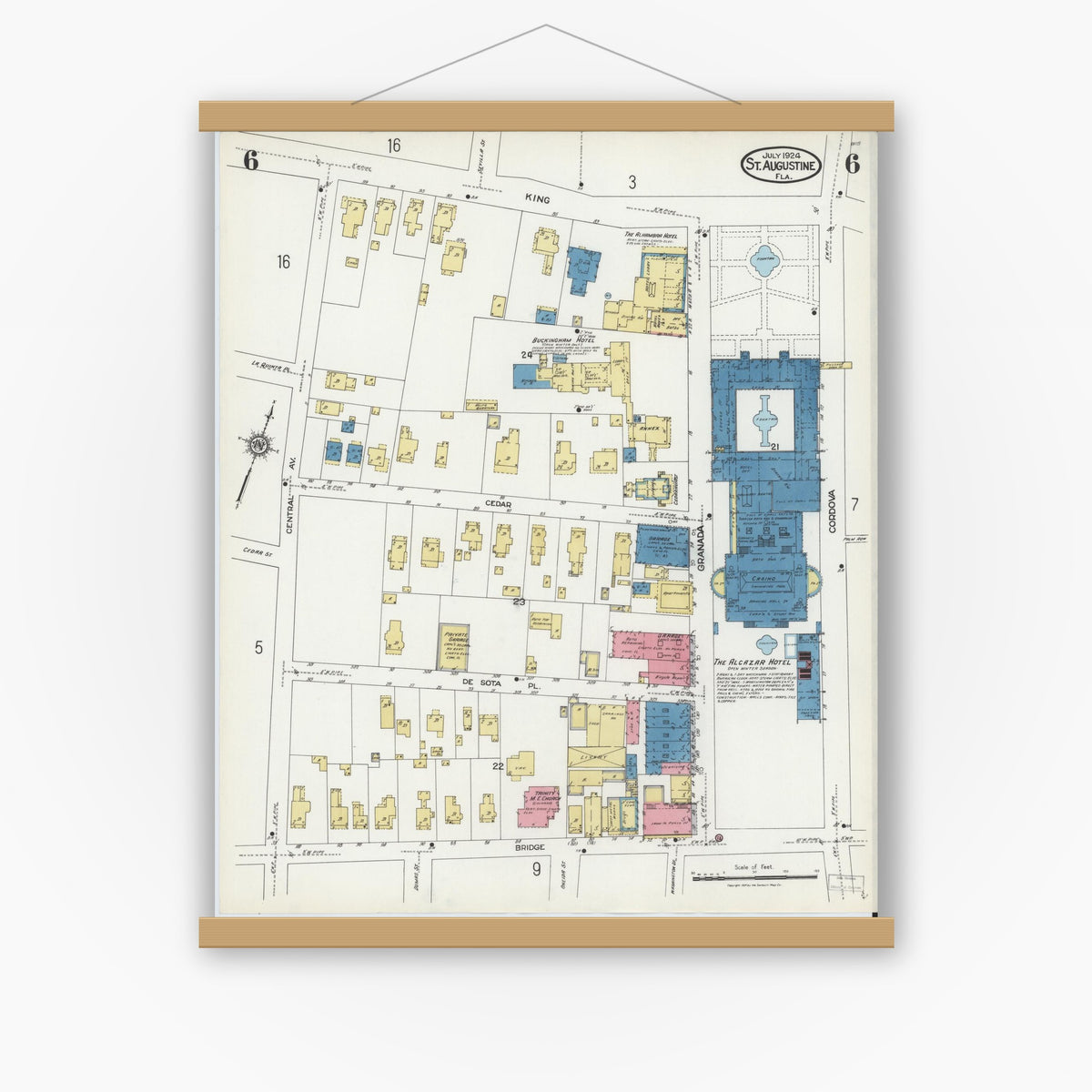 Old map wall art mockup — magnetic wood frame on white wall — Sanborn Fire Insurance Map from Saint Augustine, Saint John's County, Florida (1924), Sheet #0006