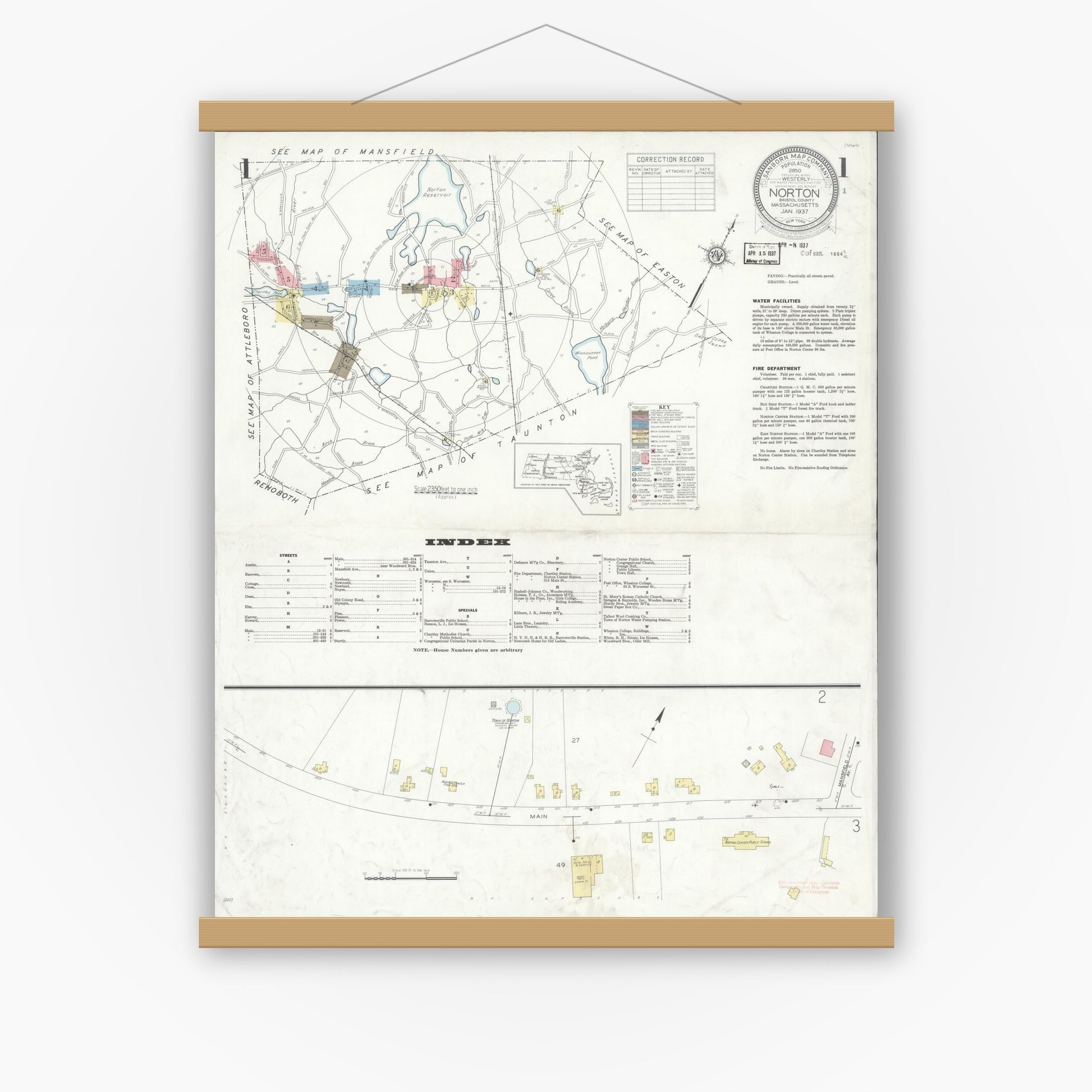 Old map wall art mockup — magnetic wood frame on white wall — Sanborn Fire Insurance Map from Norton, Bristol County, Massachusetts (1937) - Complete Map Set