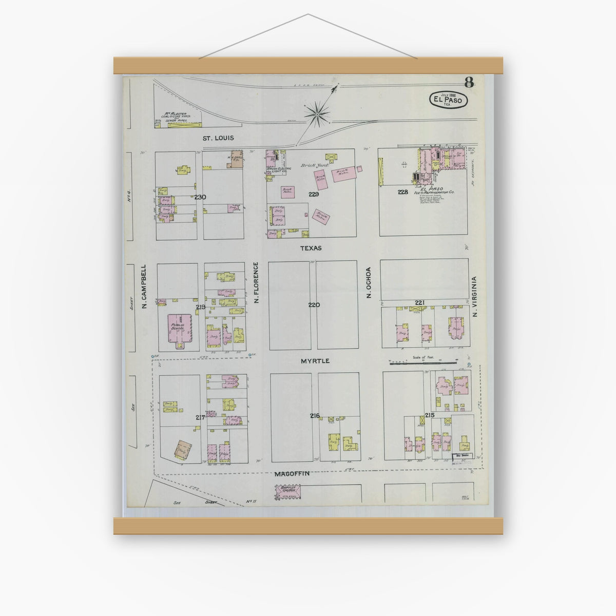 Old map wall art mockup — magnetic wood frame on white wall — Sanborn Fire Insurance Map from El Paso, El Paso County, Texas (1888), Sheet #0008