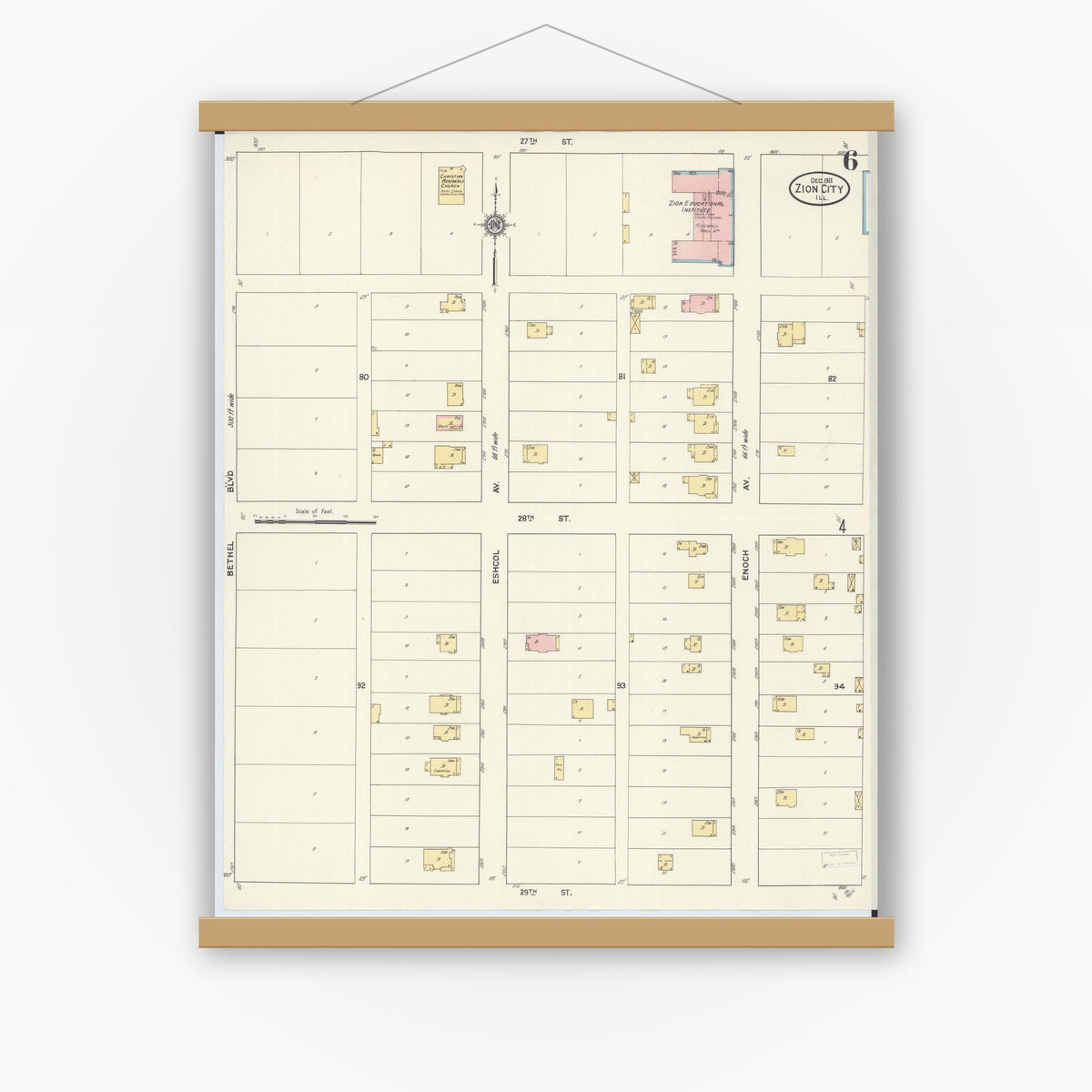 Old map wall art mockup — magnetic wood frame on white wall — Sanborn Fire Insurance Map from Zion, Lake County, Illinois (1911), Sheet #0006