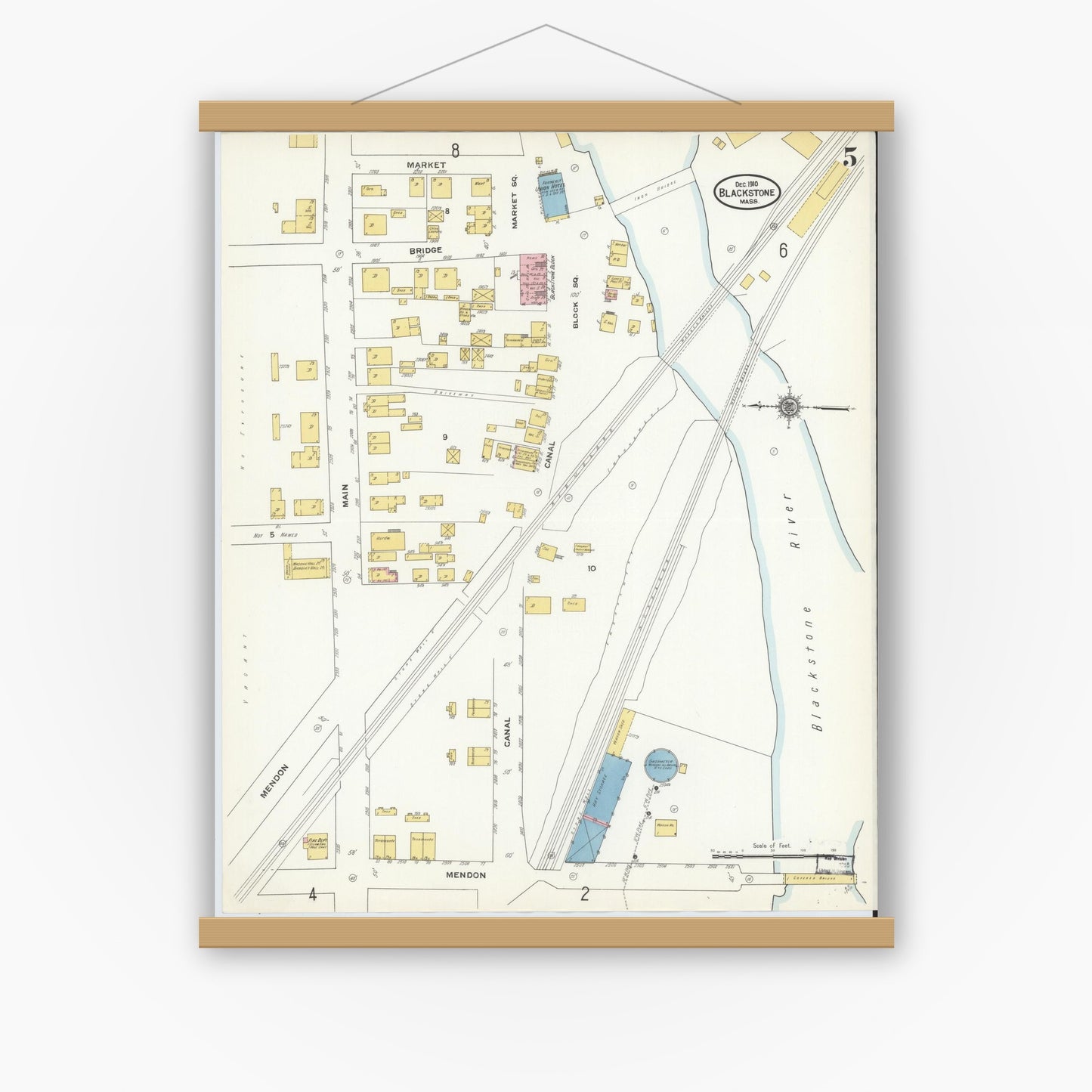 Old map wall art mockup — magnetic wood frame on white wall — Sanborn Fire Insurance Map from Blackstone, Worcester County, Massachusetts (1910), Sheet #0005
