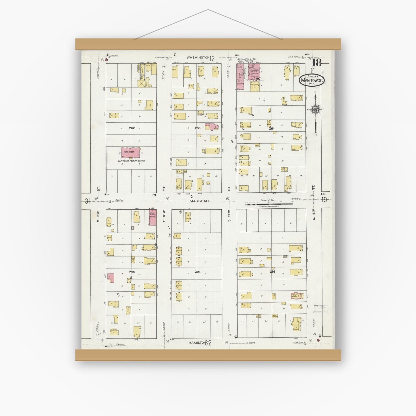Old map wall art mockup — magnetic wood frame on white wall — Sanborn Fire Insurance Map from Manitowoc, Manitowoc County, Wisconsin (1919), Sheet #0018