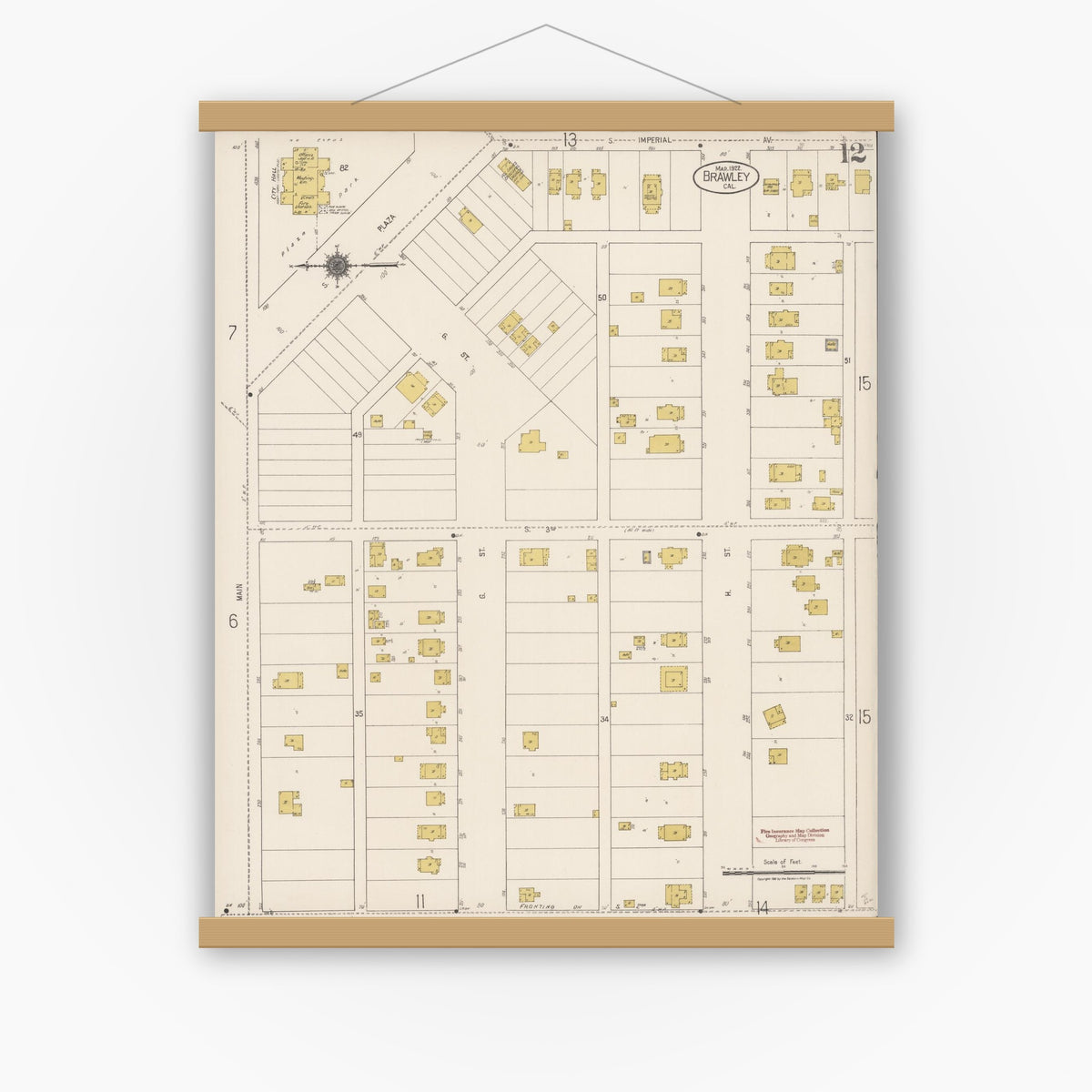 Old map wall art mockup — magnetic wood frame on white wall — Sanborn Fire Insurance Map from Brawley, Imperial County, California (1922), Sheet #0012